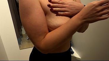 Risky Public Dressing Room Tease: Red Bra Try-On Leads to Sneaky Blowjob and Reward!
