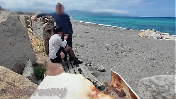 Dick Flash! Risky Blowjob on Beach: Stocking Teacher and Student Almost Caught! – MissCreamy