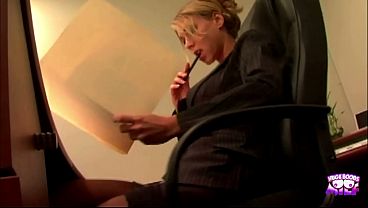 Skinny blonde chick with a big tits is licking cum from a hard cock