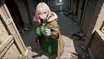 Blonde Knight’s Afternoon! Green Uniform   Golden Mechanical Arms, lazily contemplating in ancient stone ruins.